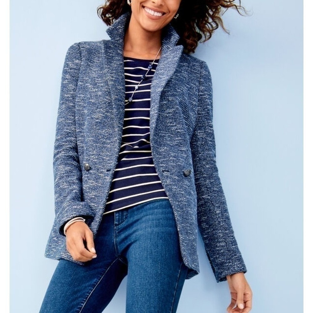 Talbots 8 NWOT Luxe Tweed Double Breasted Blazer Blue Relaxed Preppy Career